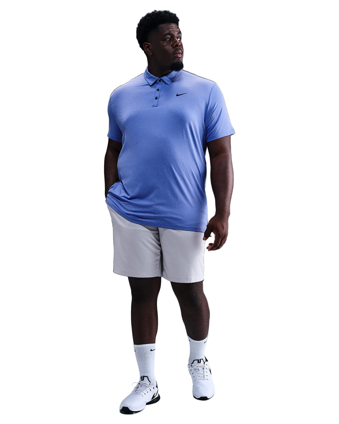 Nike Mens Dri-Fit Comet Blue Golf Polo Shirt with White Shorts and Sneakers