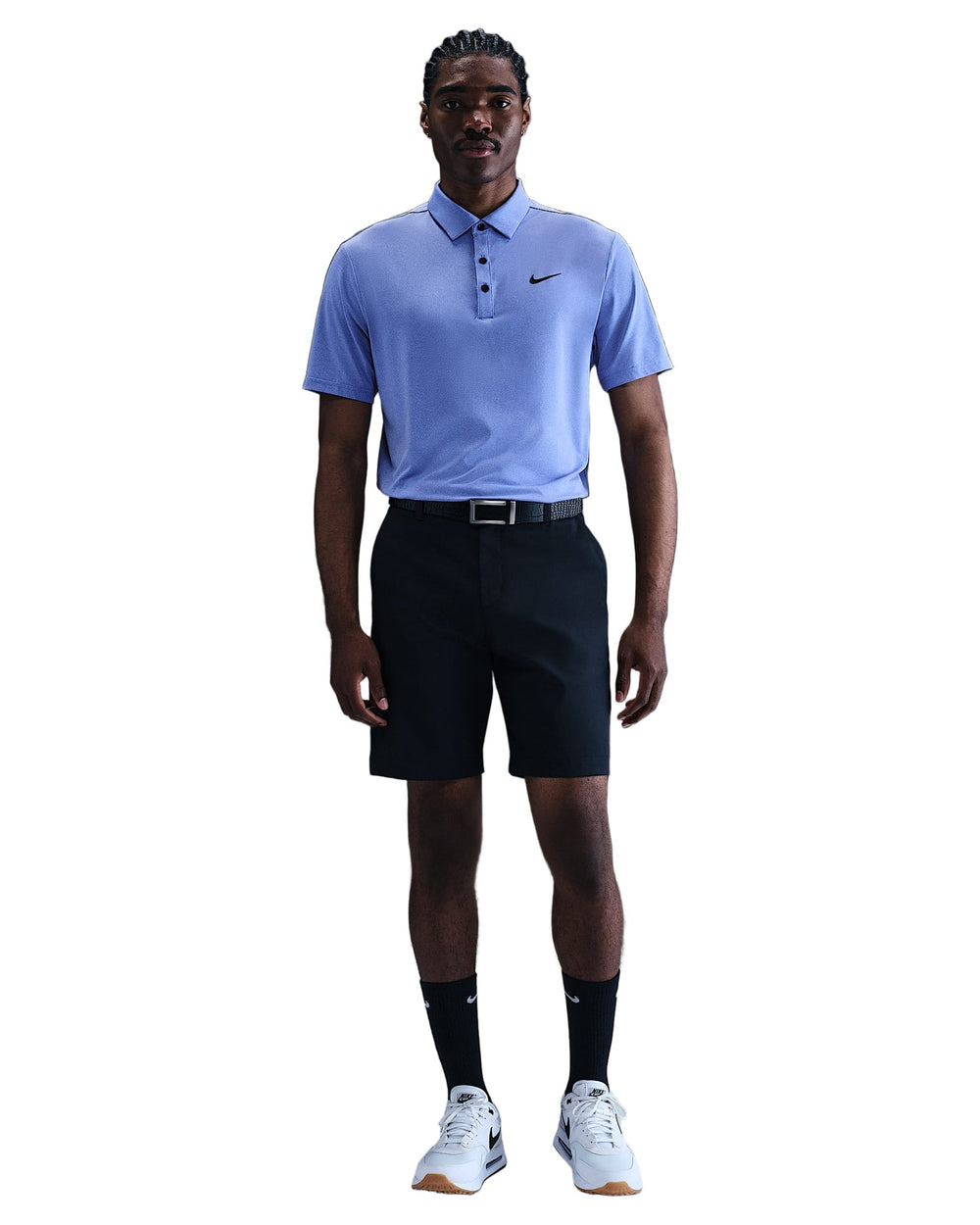 Nike Mens Comet Blue Dri-FIT Golf Polo with Black Shorts and White Sneakers