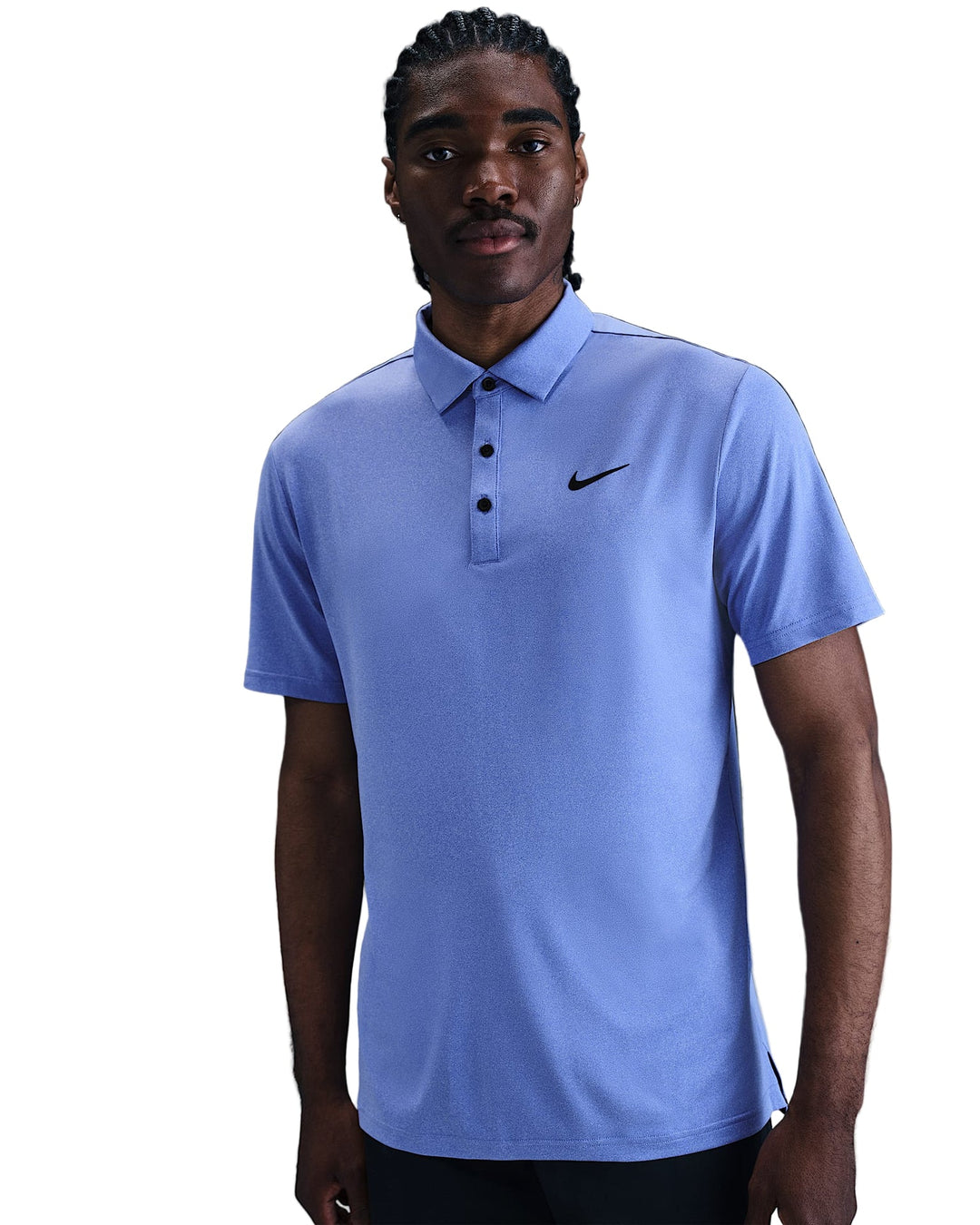 Nike golf polo shirt in light blue with black swoosh logo.