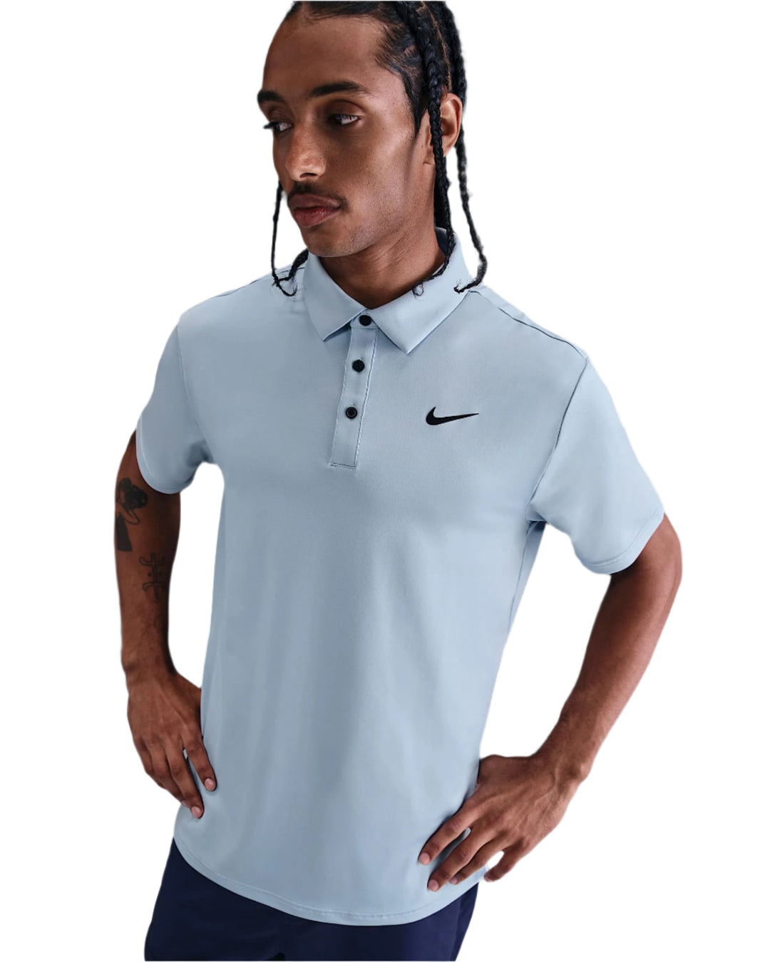 Nike polo shirt in light blue with black logo.