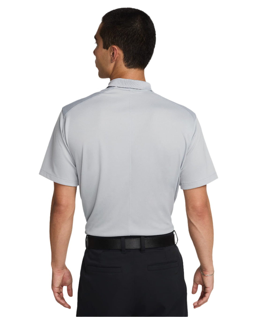 Silver polo shirt with black trim and collar, made of polyester.