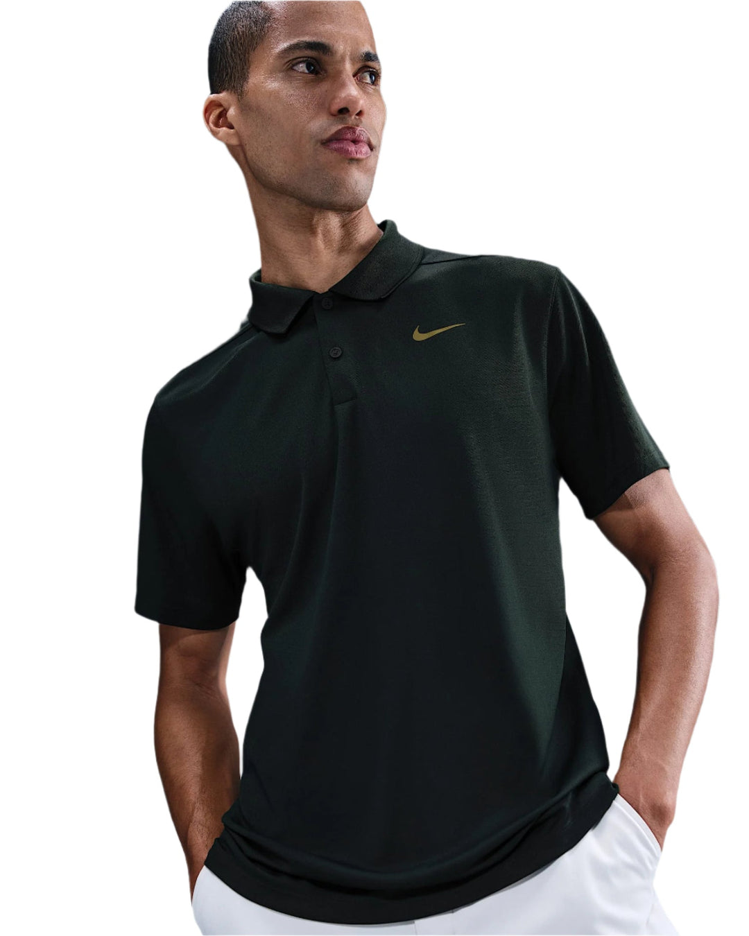 Black nike polo shirt with yellow swoosh and collar details.