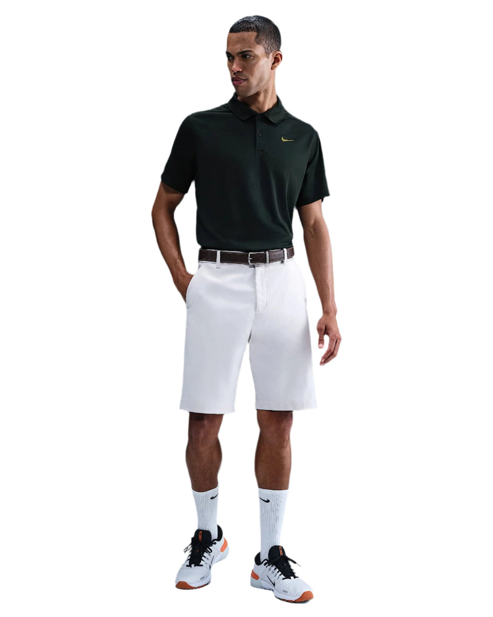 Nike golf shorts with white color and black waistband.