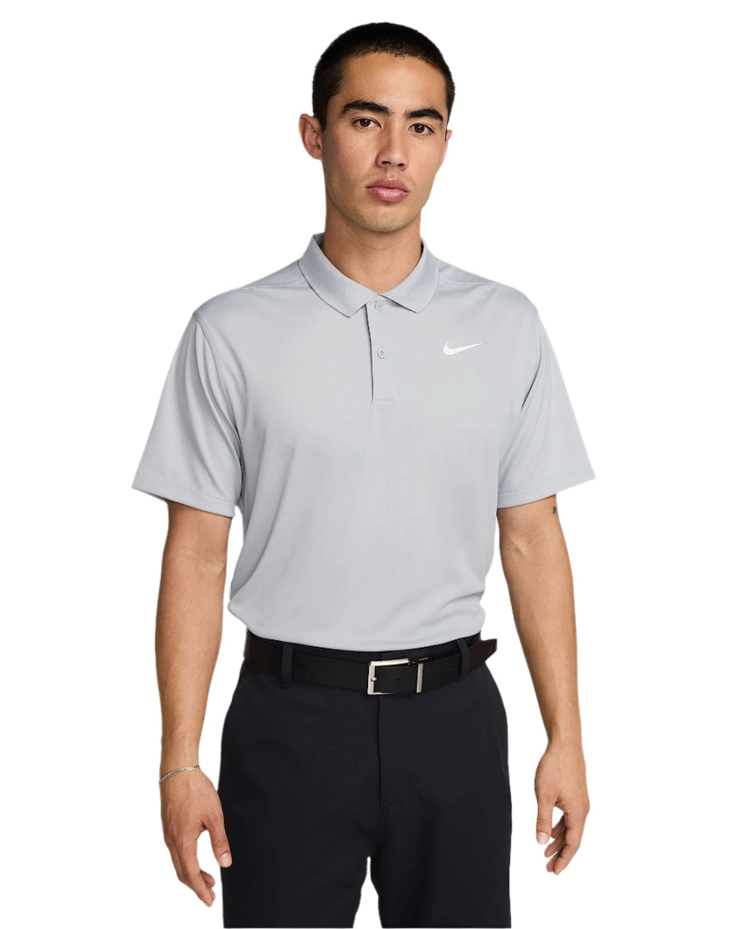 Nike golf polo shirt in light gray with a small white swoosh logo on the chest.