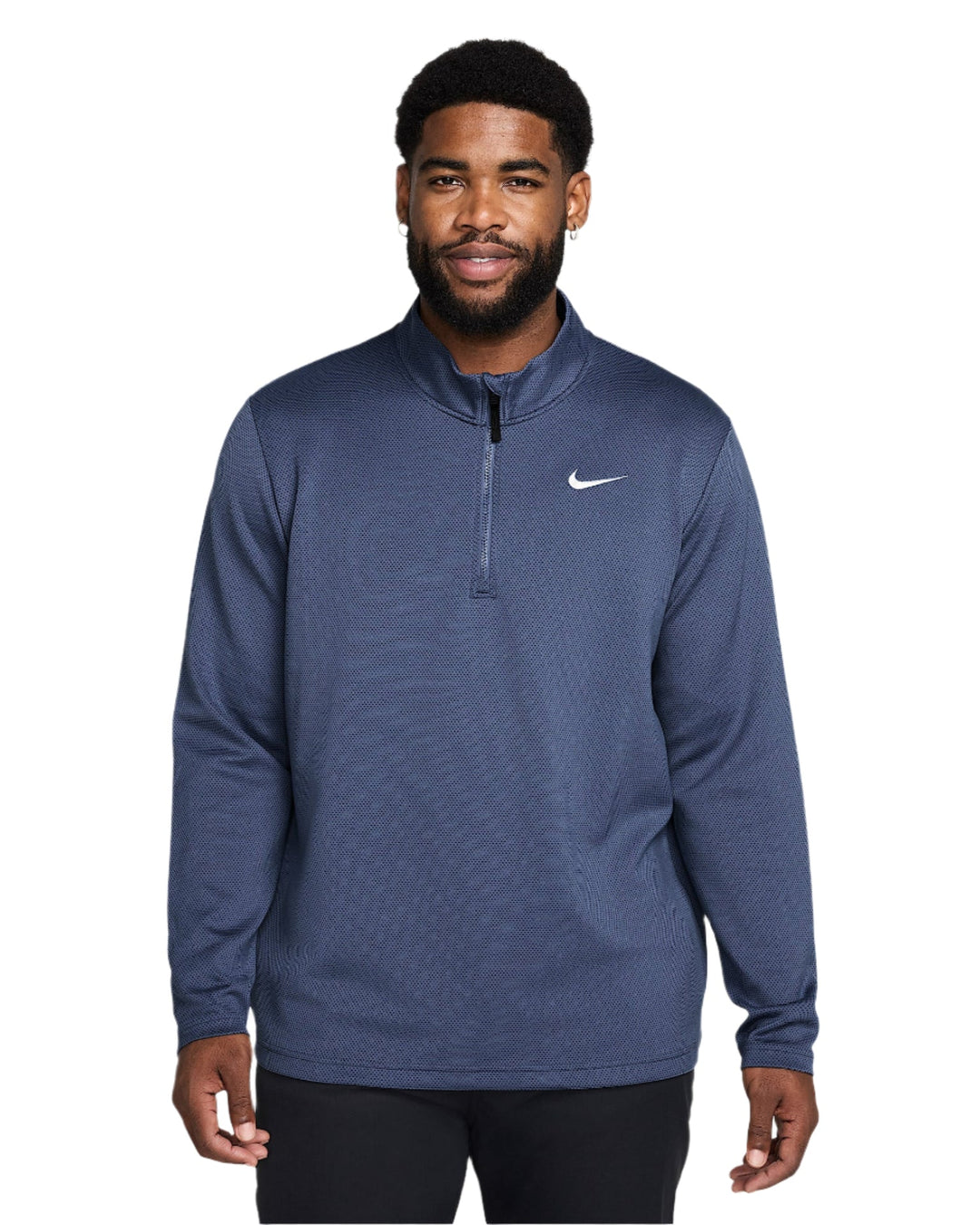 Nike navy blue quarter-zip pullover sweater with white swoosh logo.