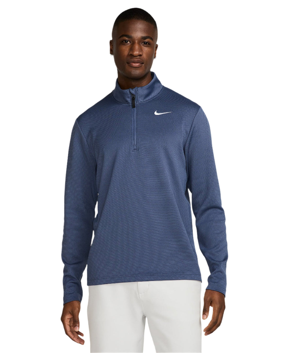 Nike blue quarter-zip pullover sweater with white swoosh logo.