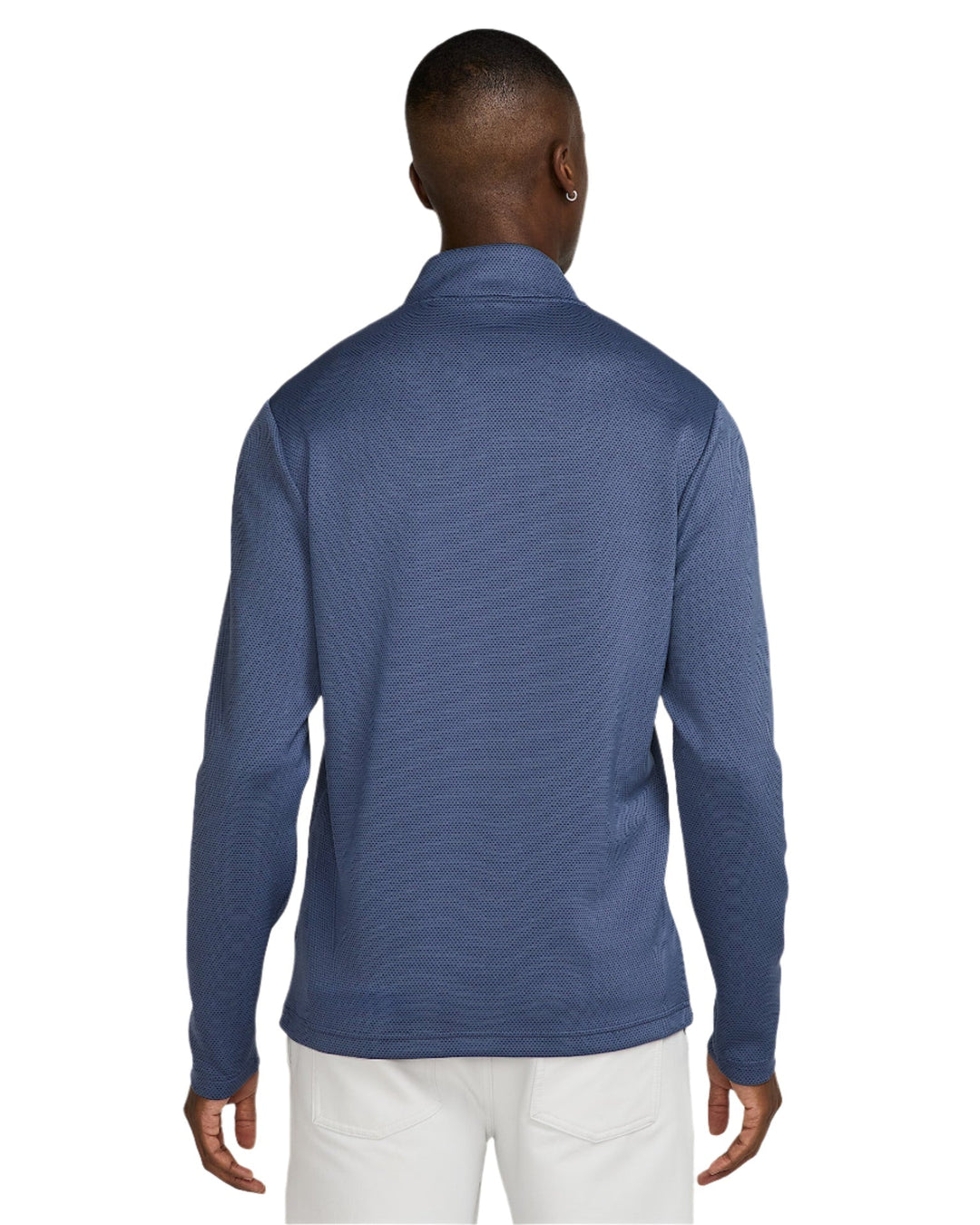 Navy blue textured quarter-zip pullover sweater with ribbed cuffs and hem, inspired by nike’s modern sportswear design.