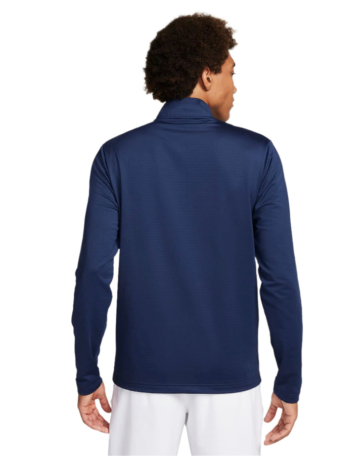 Navy blue quarter-zip athletic jacket with ribbed cuffs and waistband, likely made of polyester or nylon.