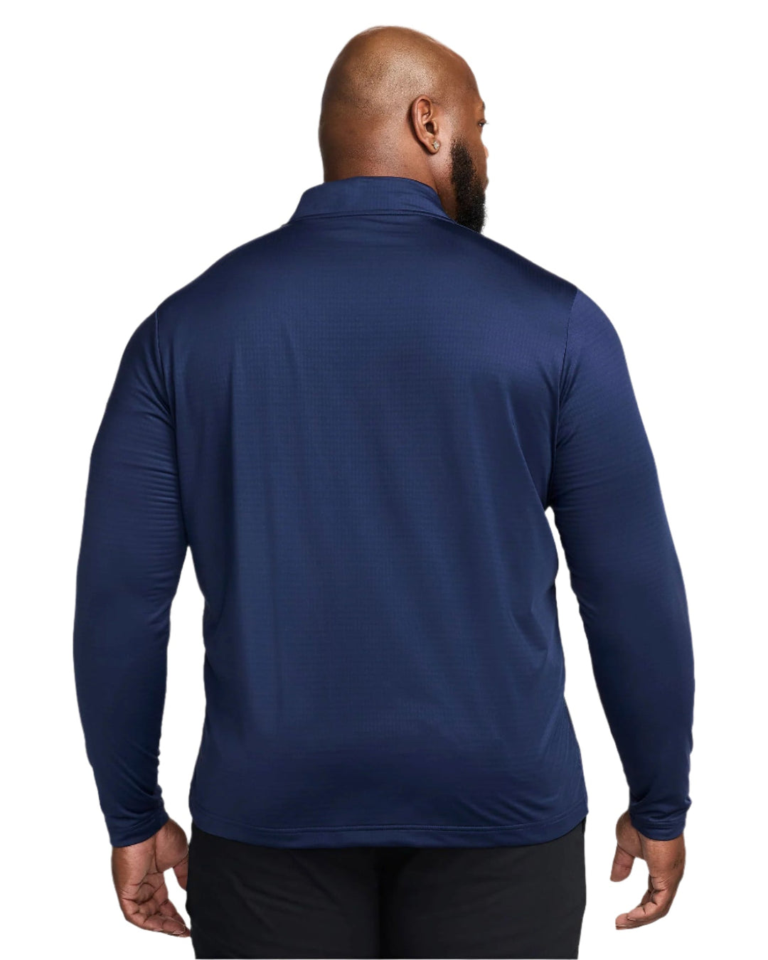 Navy blue quarter-zip pullover with ribbed cuffs and hem, likely made of polyester or cotton blend.
