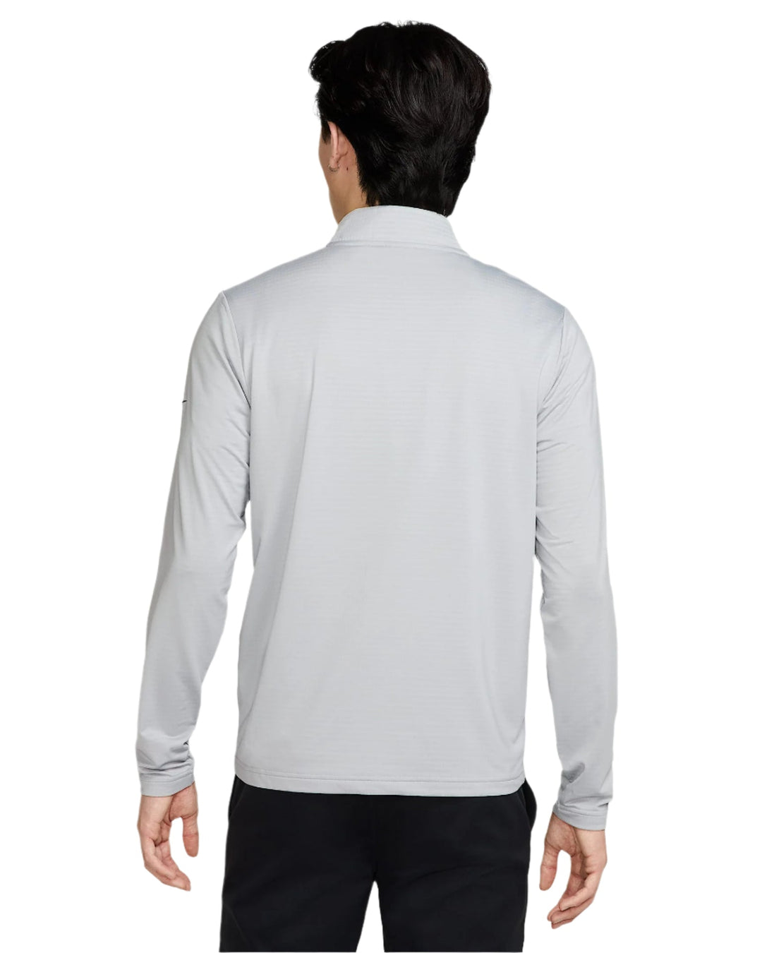 Silver long-sleeved polo shirt with black zipper and collar, nike brand.
