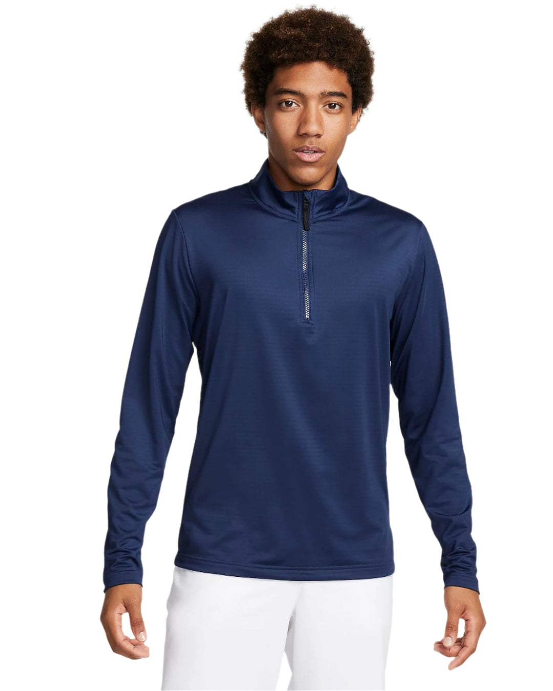 Navy blue long-sleeved athletic pullover with half-zip design and ribbed cuffs, inspired by under armour.