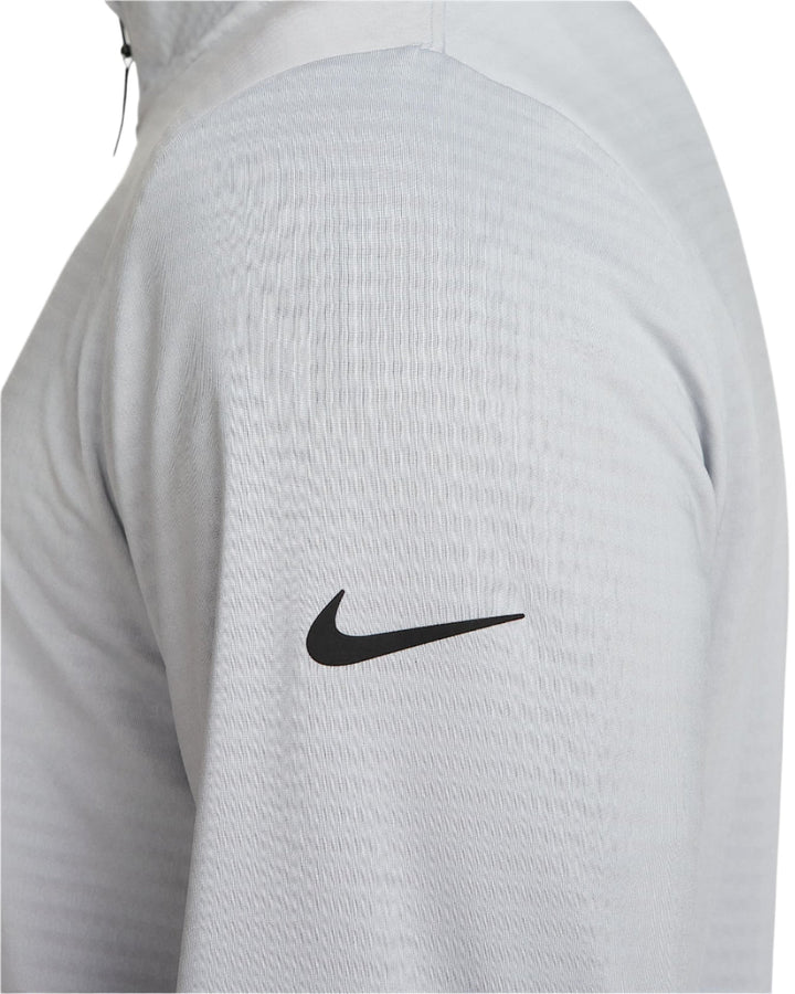 White nike quarter-zip pullover sweater with black swoosh logo.