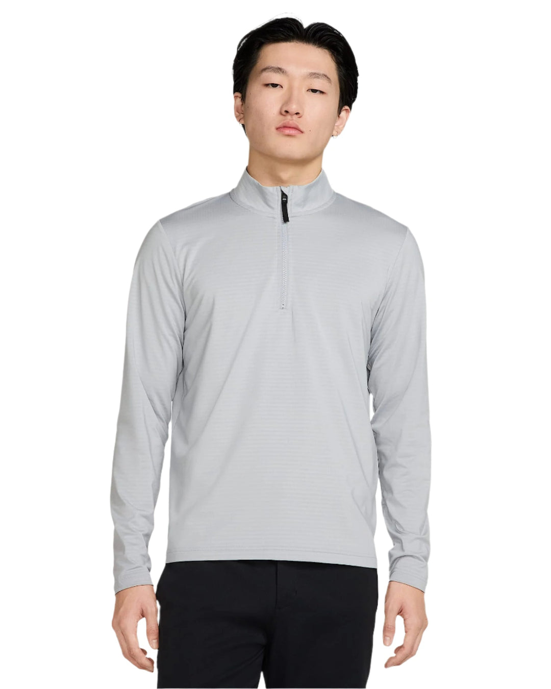 Silver zip-up golf pullover shirt with black trim and pockets.