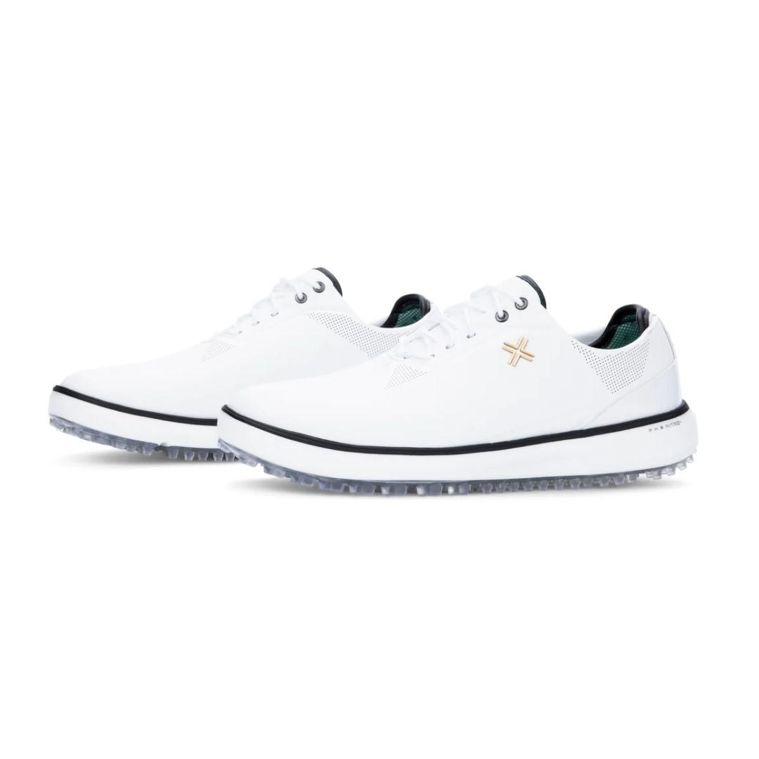 White golf shoe with black accents and spikes, designed for comfort and performance.