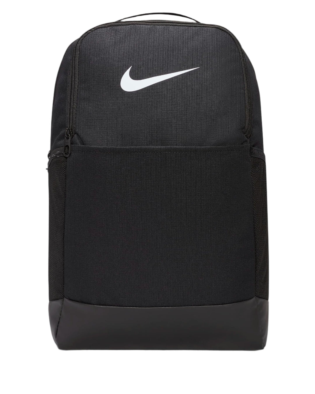 Black nike brasilia backpack with white swoosh logo and textured fabric design.