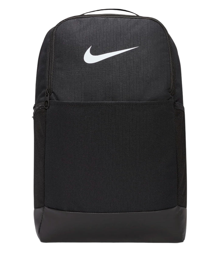 Black nike brasilia backpack with white swoosh logo and textured fabric design.