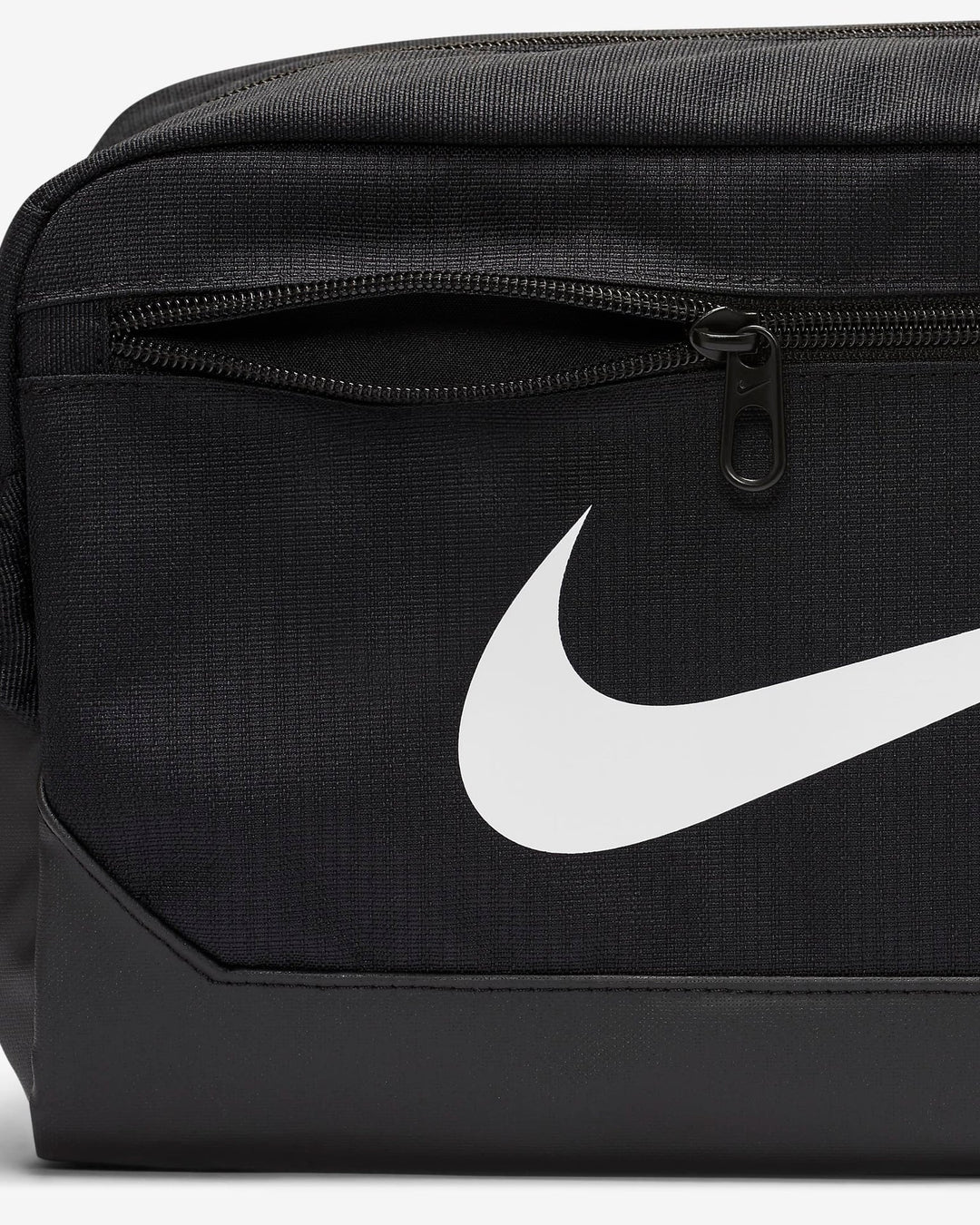 Black nike shoe bag with white swoosh logo and zipper closure.