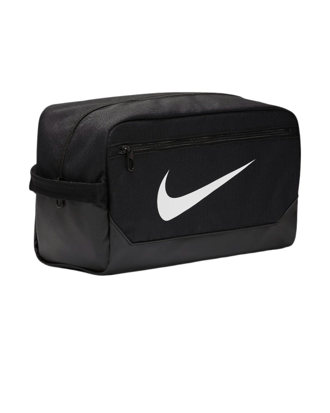 Black nike shoe bag with white swoosh logo and handles.