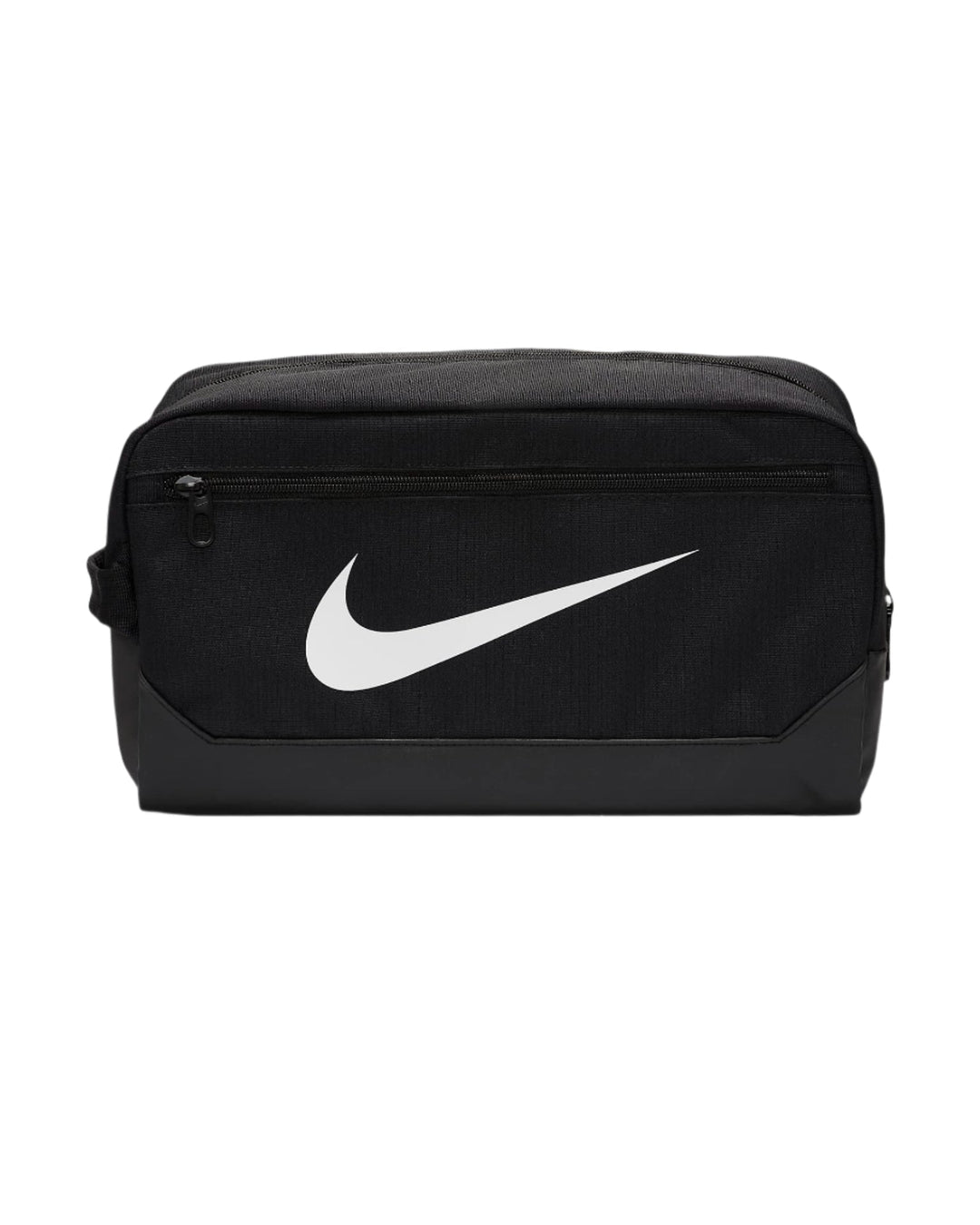 Black nike shoe bag with white swoosh logo and zipper closure.