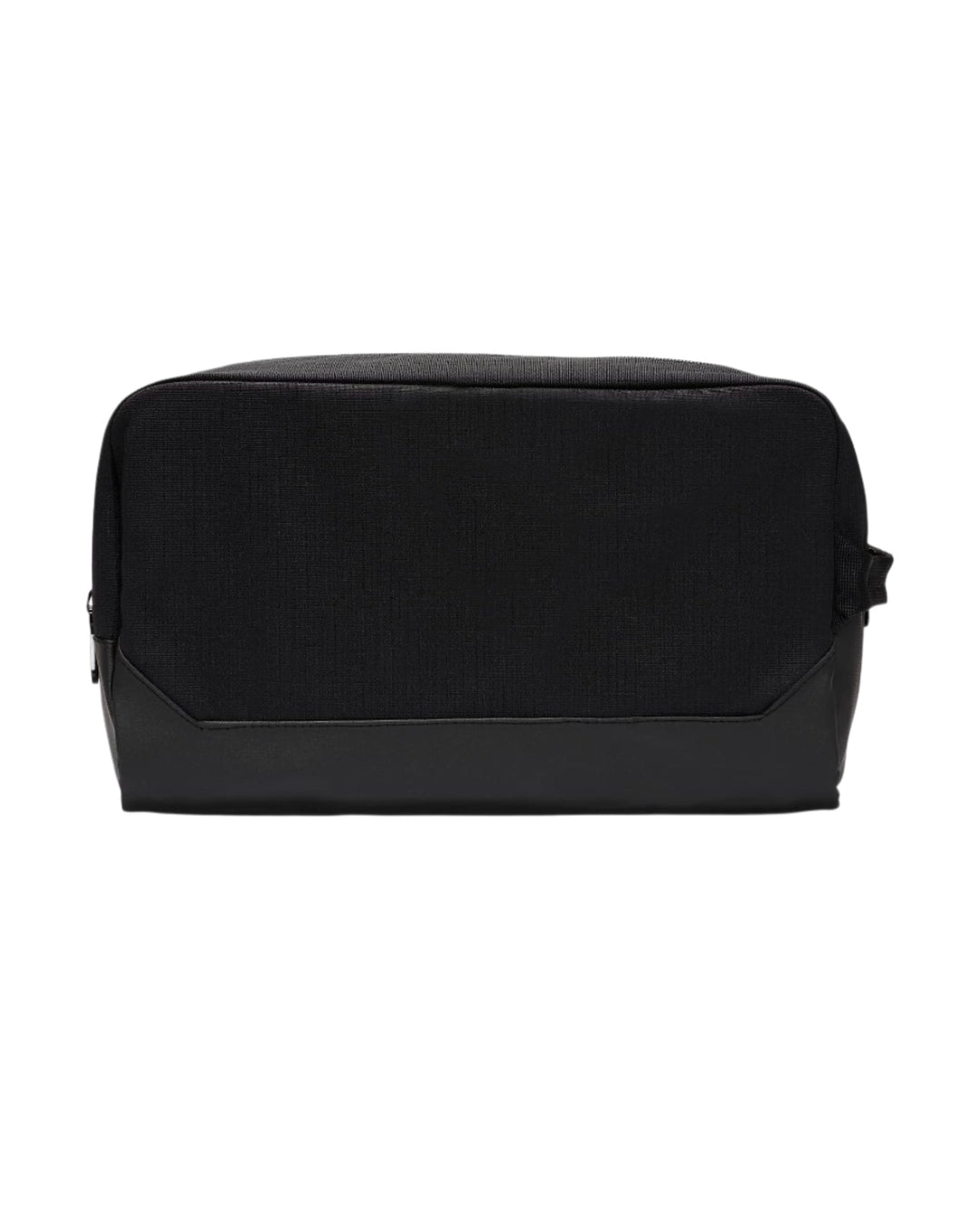 Black toiletry bag with zipper closure and textured fabric design.