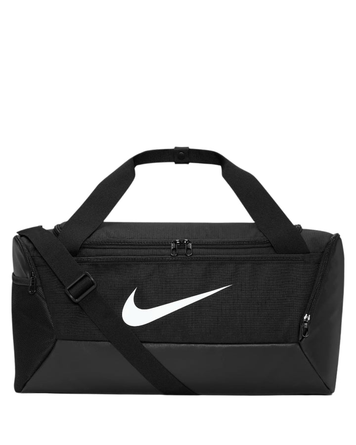 Black nike duffel bag with white swoosh logo and adjustable shoulder strap.