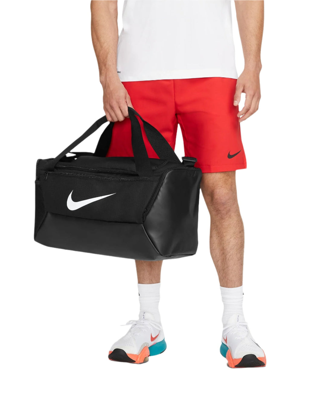 Black nike duffel bag with white swoosh logo and handles.