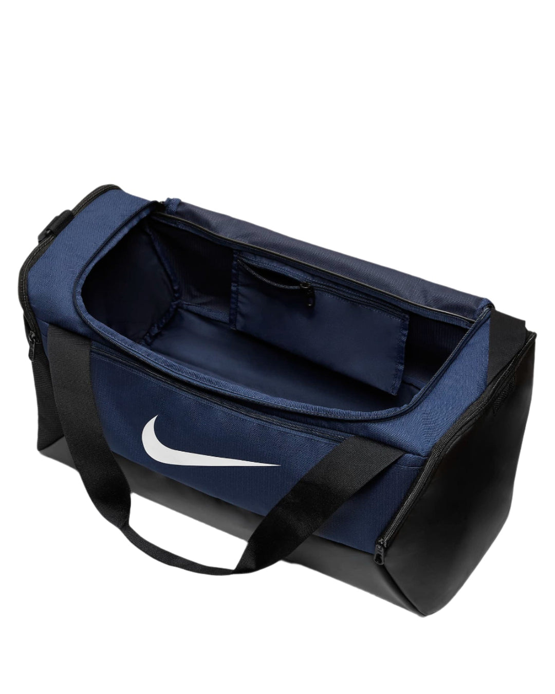 Nike duffel bag with navy blue and black accents, white swoosh logo.