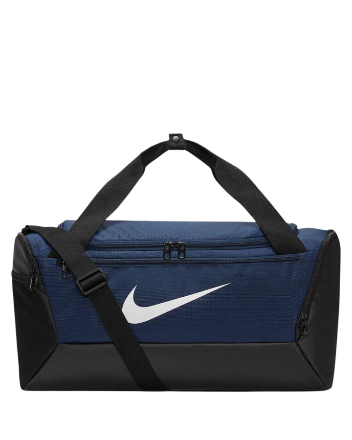 Nike duffel bag with blue and black accents, white swoosh logo.