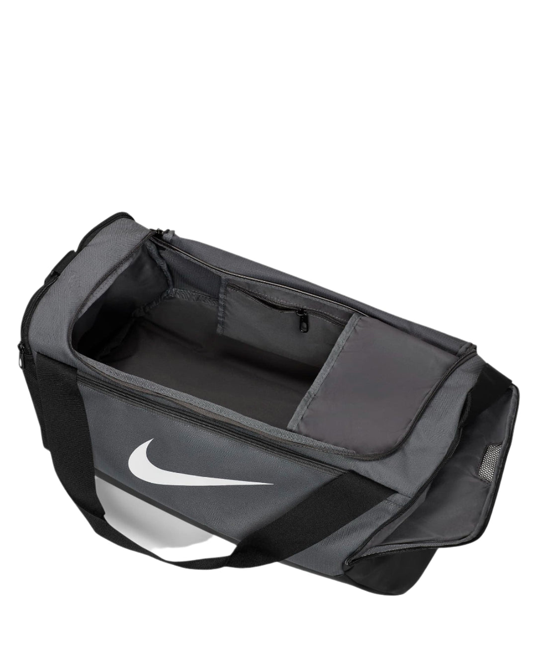 Nike duffel bag with black and white color scheme, featuring a large swoosh logo on the front.