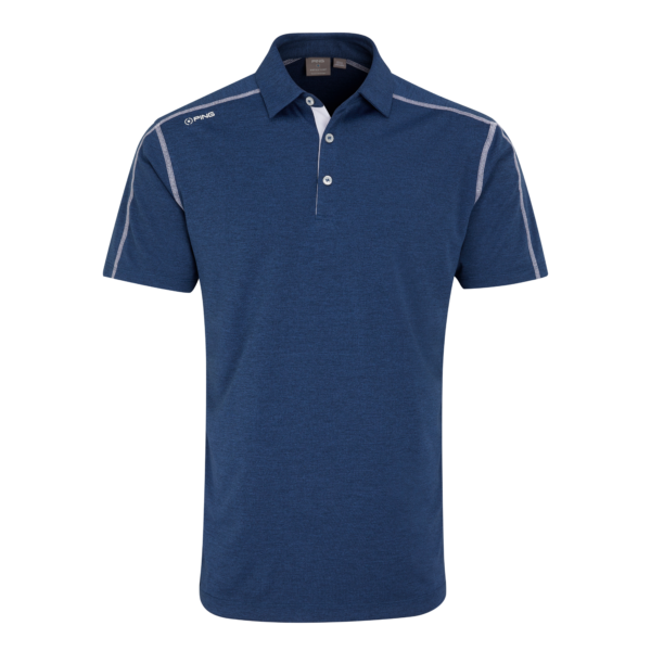 Navy blue polo shirt with white trim and collar, columbia brand.