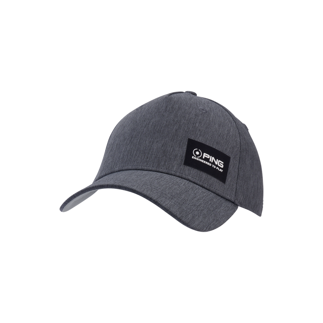 Ping golf cap with black strap and logo on front, heather gray fabric.