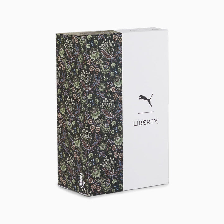 Puma x liberty shoe box with floral pattern and white background.