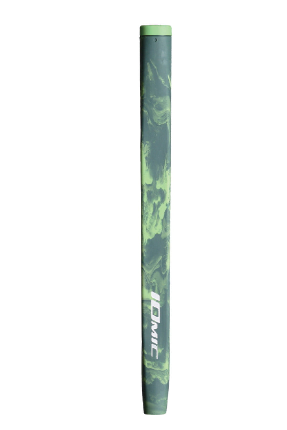 Camouflage grip golf club handle with green accents and ’dunlop’ branding.