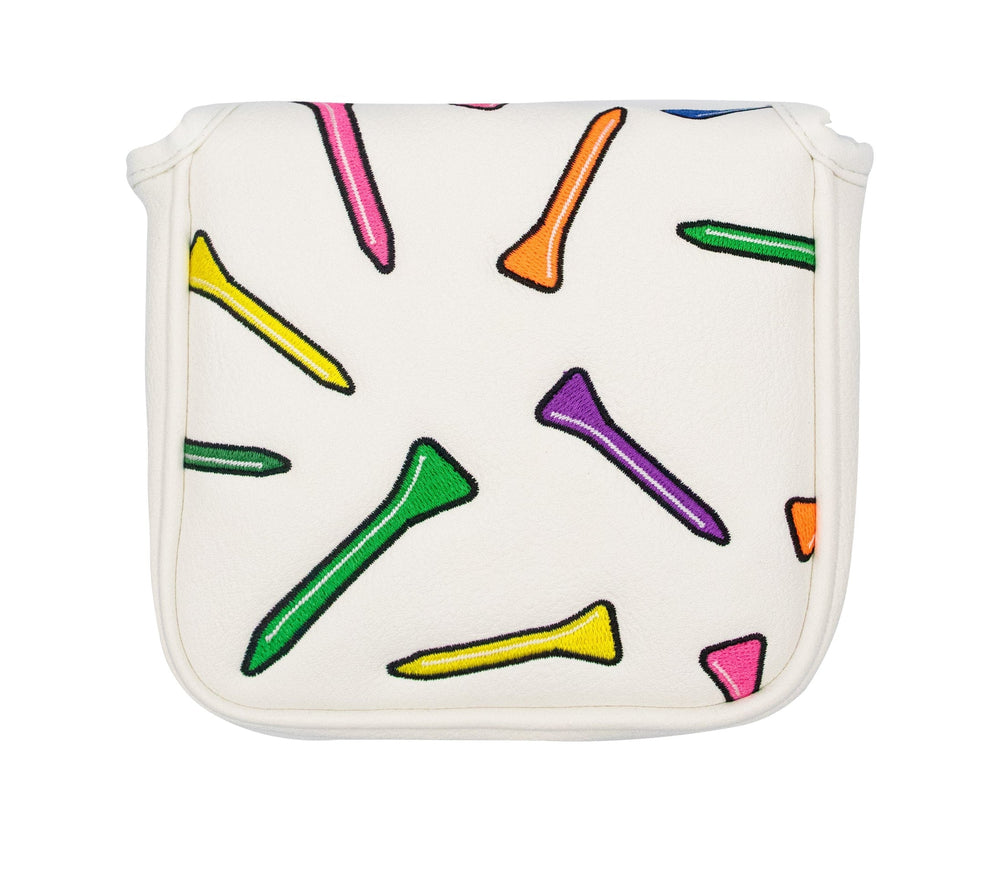 White golf tee patterned crossbody bag with colorful tees and a strap.