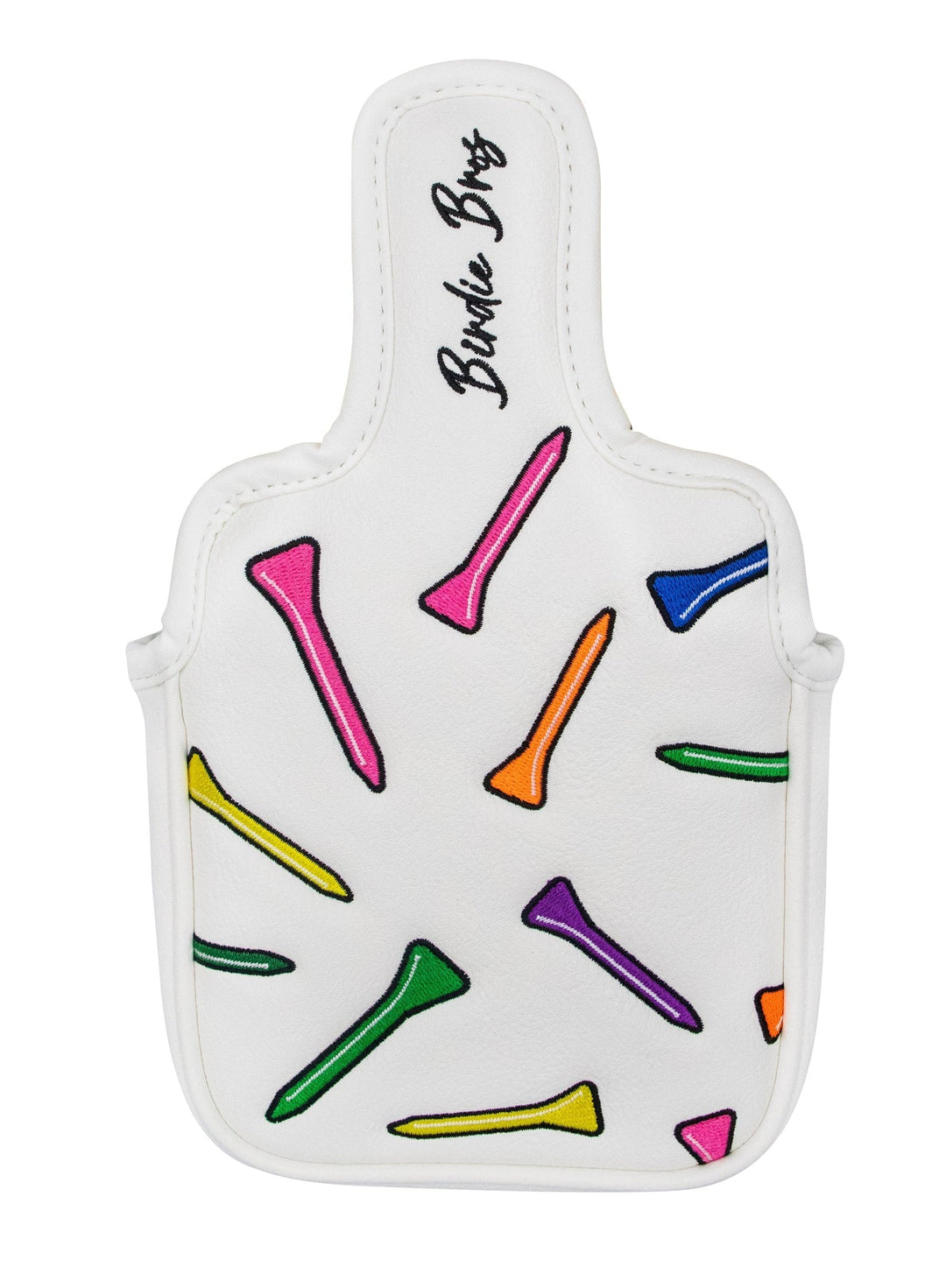 White golf tee organizer with colorful tees and ’birdie bros’ branding.