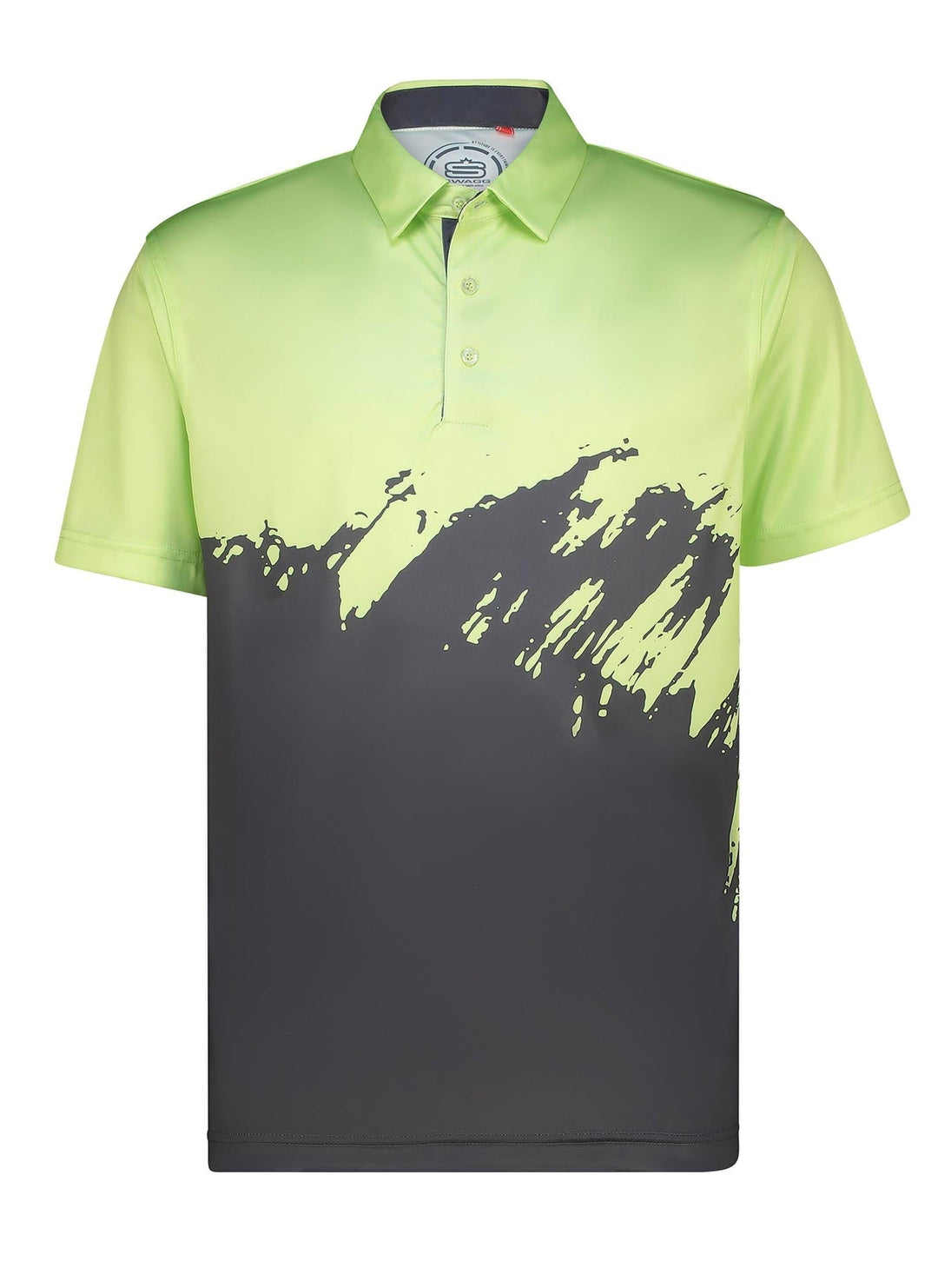 Lime green and charcoal polo shirt with abstract mountain design, made of polyester.