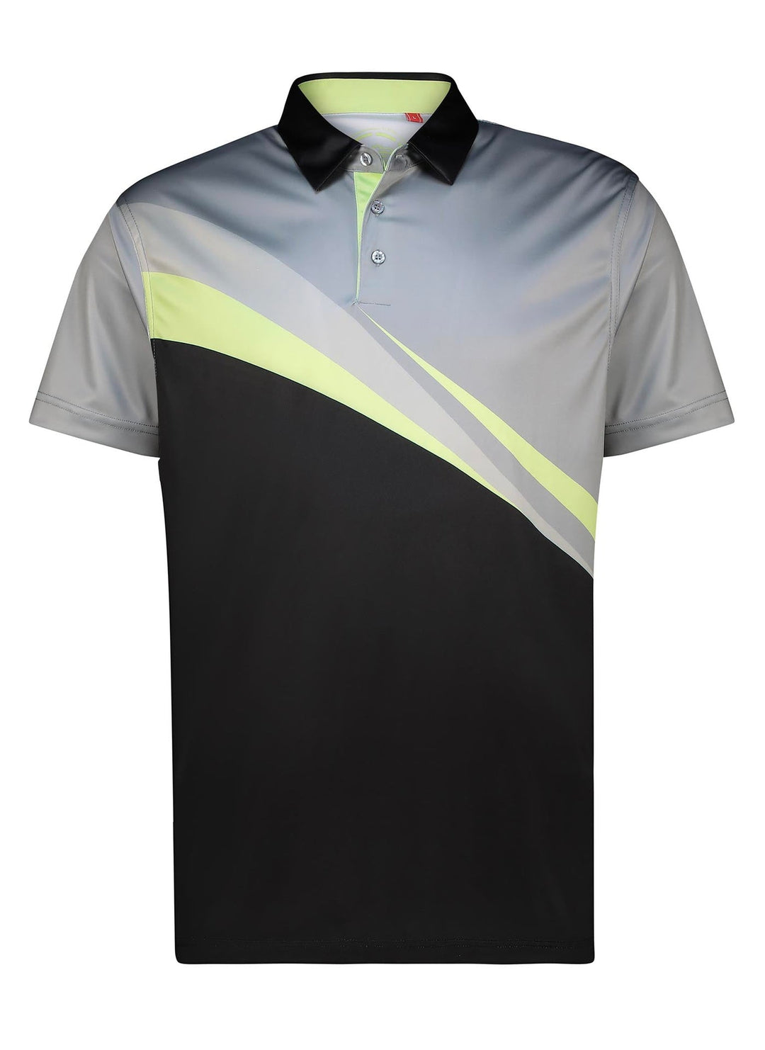 2023 men’s golf polo shirt with a modern design, featuring black and gray panels accented by neon yellow stripes.