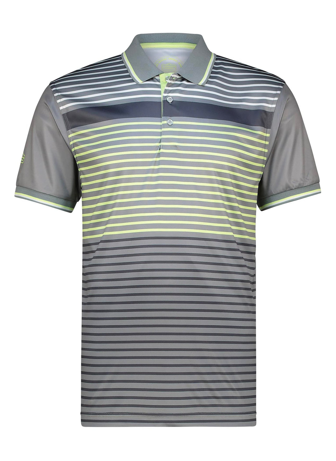 Striped polo shirt with green and gray stripes, made of a breathable fabric.