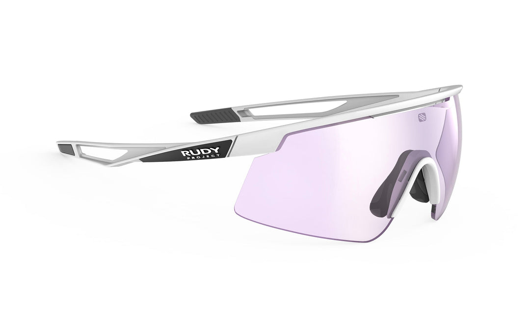 Silver and black Rudy Project Turbulence sunglasses with purple lenses