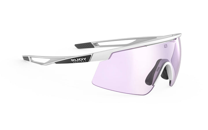 Silver and black Rudy Project Turbulence sunglasses with purple lenses