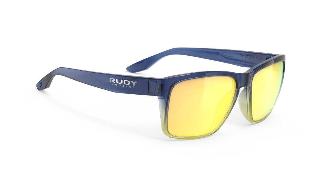 Blue and yellow Rudy Project Spinhawk Edge sunglasses with mirrored lenses
