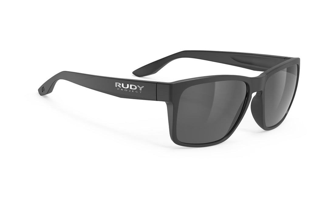 Black matte Rudy Project Spinhawk Edge sunglasses with dark lenses and logo