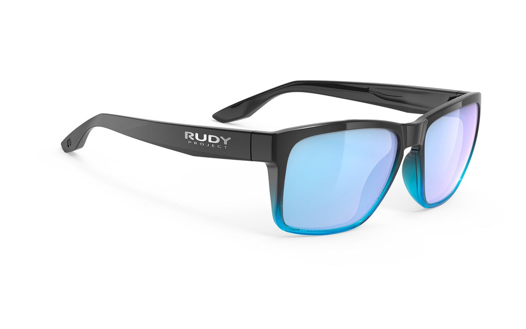 Black and blue rudy sunglasses with mirrored lenses.