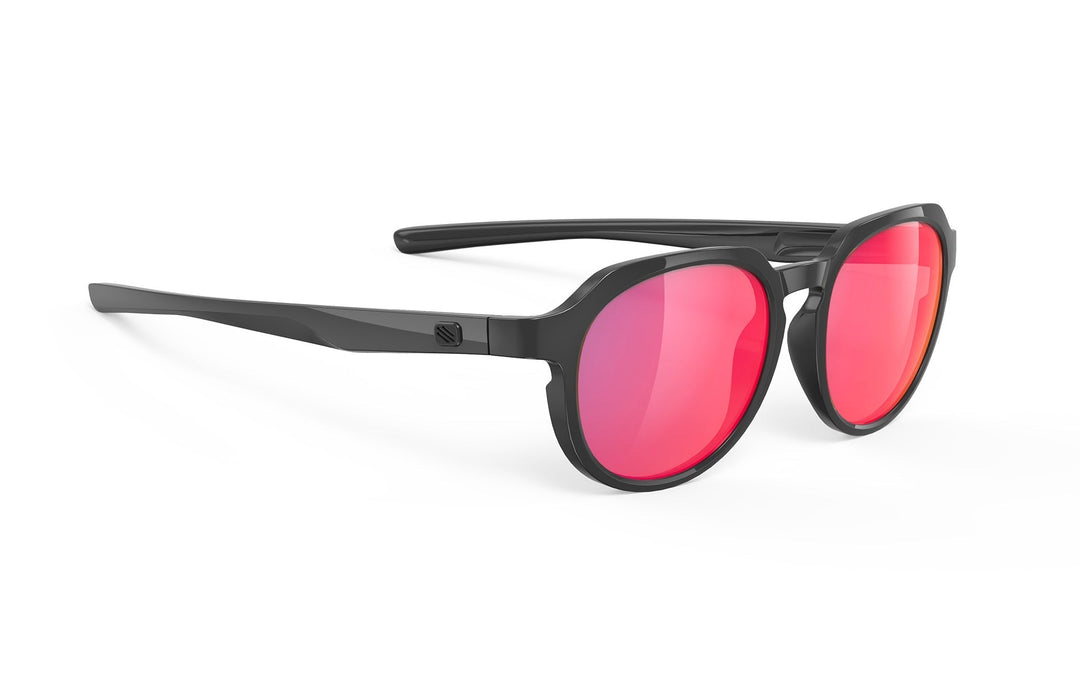 Oakley sunglasses with red lenses and black frames.