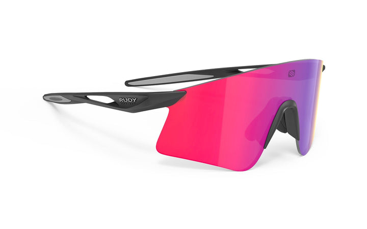 Black and pink mirrored lens sunglasses with a sleek, modern design.