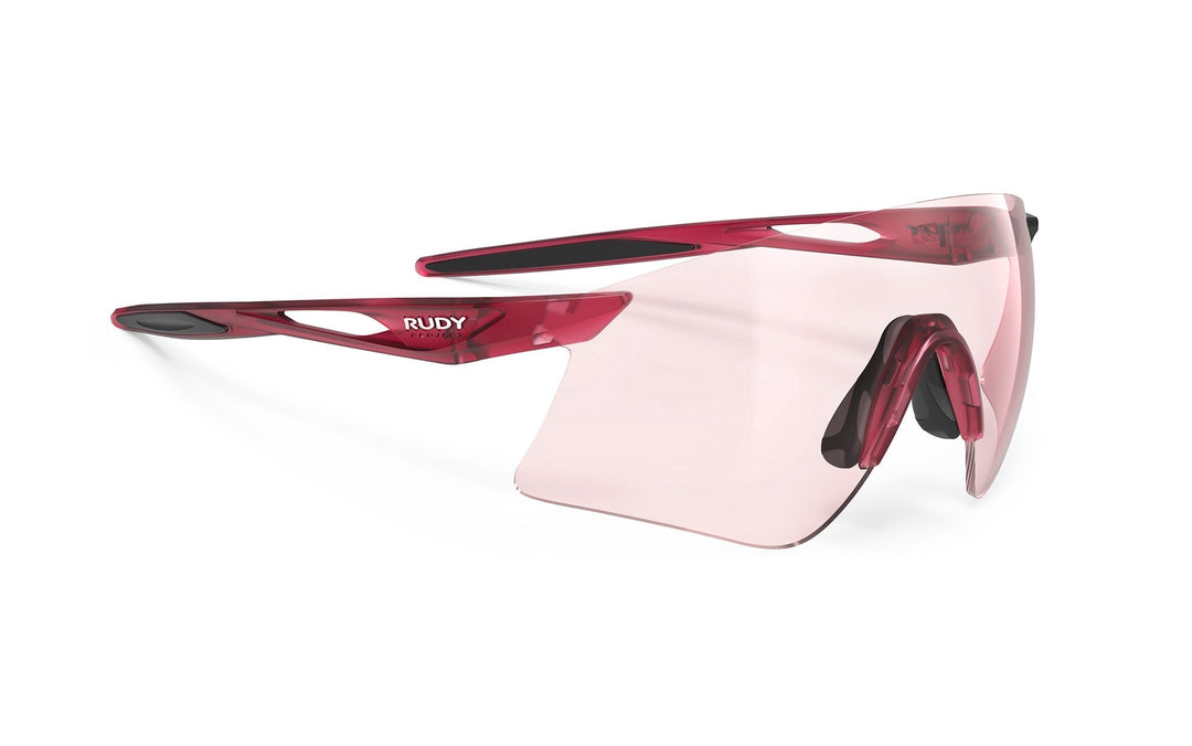 Rudy rose pink sunglasses with interchangeable lenses and metal frame.