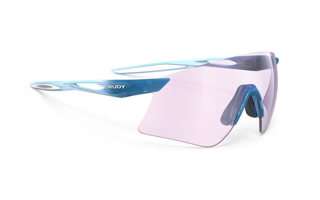 Blue and white Rudy Project Astral Sphere sunglasses with purple lenses
