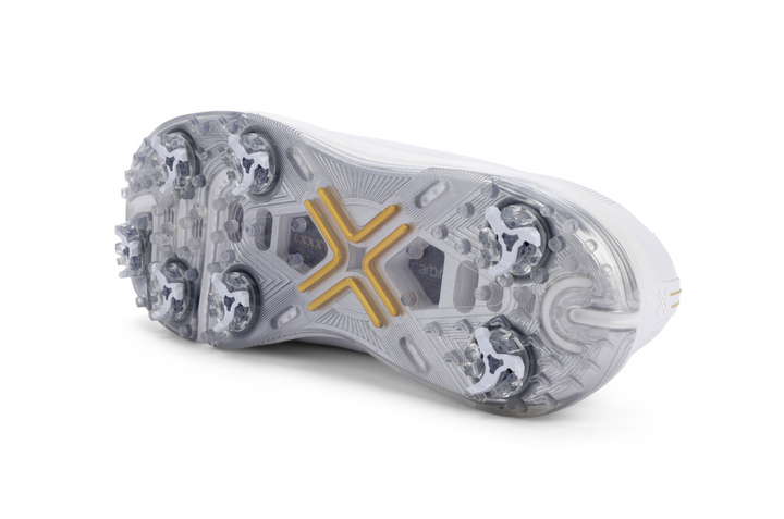 Payntr Mens 87 SC White Silver Golf Shoes with Gold Accents