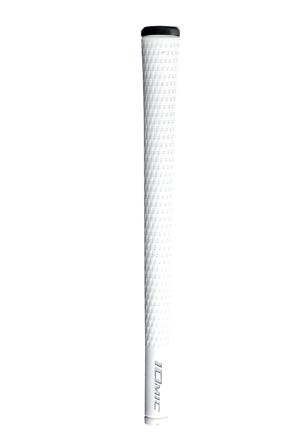 White golf club grip with textured surface and black end cap, branded ’taylormade’ in silver.