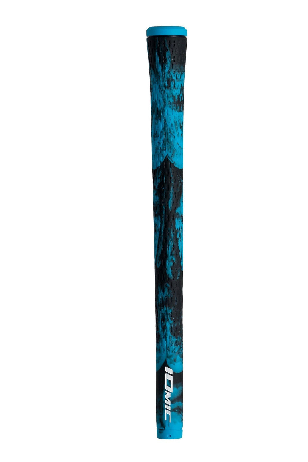 Blue and black golf club grip with ’ionic’ branding.